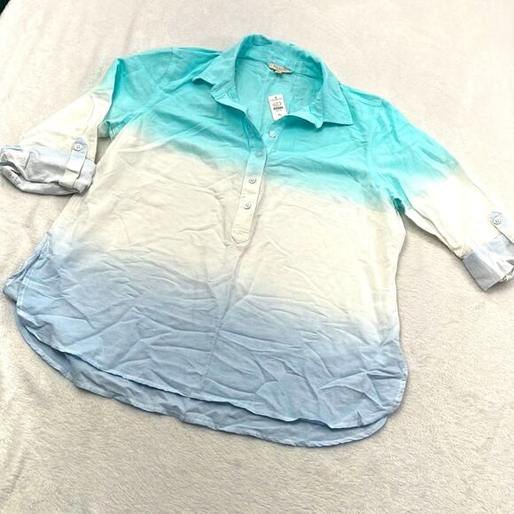 NWT Talbots Large P Linen Cotton Blend Soft Roll Up Sleeve  Multi Colored Blouse - Picture 1 of 9